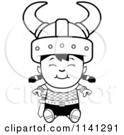 Cartoon Clipart Of A Black And White Happy Ogre Viking Girl Sitting Vector Outlined Coloring Page
