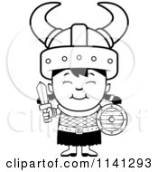 Cartoon Clipart Of A Black And White Happy Ogre Viking Girl With A Sword And Shield Vector Outlined Coloring Page by Cory Thoman
