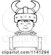 Cartoon Clipart Of A Black And White Happy Ogre Viking Boy Over A Banner Sign Vector Outlined Coloring Page