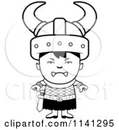 Cartoon Clipart Of A Black And White Angry Ogre Viking Boy Vector Outlined Coloring Page