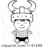 Cartoon Clipart Of A Black And White Happy Ogre Viking Boy Sitting Vector Outlined Coloring Page