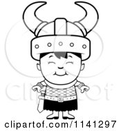 Cartoon Clipart Of A Black And White Happy Ogre Viking Boy Vector Outlined Coloring Page