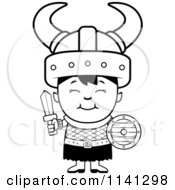 Cartoon Clipart Of A Black And White Happy Ogre Viking Boy With A Sword And Shield Vector Outlined Coloring Page