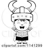 Cartoon Clipart Of A Black And White Happy Ogre Viking Boy Cheering Vector Outlined Coloring Page