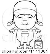 Cartoon Clipart Of A Black And White Happy Painter Girl Vector Outlined Coloring Page