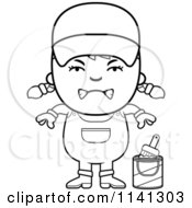 Cartoon Clipart Of A Black And White Angry Painter Girl Vector Outlined Coloring Page