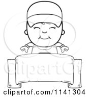 Cartoon Clipart Of A Black And White Happy Painter Boy Over A Sign Vector Outlined Coloring Page