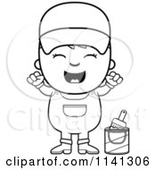 Cartoon Clipart Of A Black And White Happy Painter Boy Sitting Vector Outlined Coloring Page