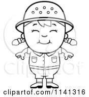 Cartoon Clipart Of A Black And White Happy Safari Girl Vector Outlined Coloring Page