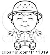 Cartoon Clipart Of A Black And White Happy Safari Boy Sitting Vector Outlined Coloring Page
