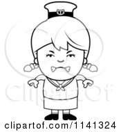 Cartoon Clipart Of A Black And White Angry Sailor Girl Vector Outlined Coloring Page