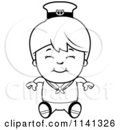 Cartoon Clipart Of A Black And White Happy Sailor Boy Sitting Vector Outlined Coloring Page