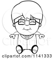 Cartoon Clipart Of A Black And White Happy Scientist Boy Sitting Vector Outlined Coloring Page
