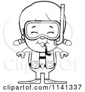 Cartoon Clipart Of A Black And White Happy Scuba Girl Vector Outlined Coloring Page