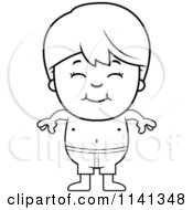 Cartoon Clipart Of A Black And White Happy Boy In Swim Trunks Vector Outlined Coloring Page