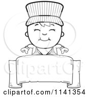 Cartoon Clipart Of A Black And White Happy Train Engineer Boy Over A Blank Banner Vector Outlined Coloring Page