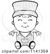 Cartoon Clipart Of A Black And White Happy Train Engineer Boy Sitting Vector Outlined Coloring Page