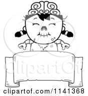 Cartoon Clipart Of A Black And White Happy Zombie Girl Over A Banner Sign Vector Outlined Coloring Page