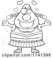 Cartoon Clipart Of A Black And White Chubby Cheerleader With Open Arms Vector Outlined Coloring Page