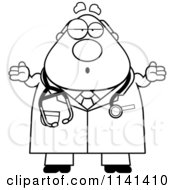 Cartoon Clipart Of A Black And White Careless Shrugging Chubby Male Doctor Or Veterinarian Vector Outlined Coloring Page