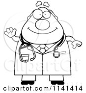 Cartoon Clipart Of A Black And White Waving Happy Chubby Male Doctor Or Veterinarian Vector Outlined Coloring Page
