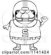Cartoon Clipart Of A Black And White Waving Chubby Football Player Vector Outlined Coloring Page