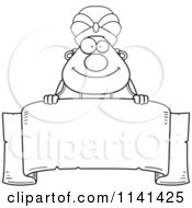 Cartoon Clipart Of A Black And White Chubby Green Genie Over A Banner Vector Outlined Coloring Page