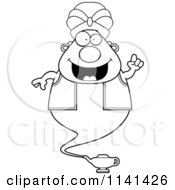 Cartoon Clipart Of A Black And White Chubby Genie With An Idea Vector Outlined Coloring Page