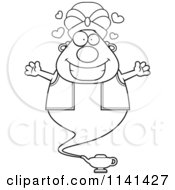 Cartoon Clipart Of A Black And White Loving Chubby Genie Vector Outlined Coloring Page