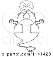 Cartoon Clipart Of A Black And White Angry Chubby Genie Vector Outlined Coloring Page