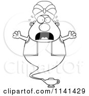 Cartoon Clipart Of A Black And White Frightened Chubby Genie Vector Outlined Coloring Page