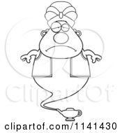 Cartoon Clipart Of A Black And White Depressed Chubby Genie Vector Outlined Coloring Page