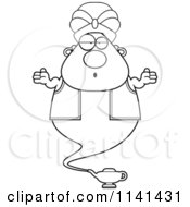 Cartoon Clipart Of A Black And White Careless Chubby Genie Vector Outlined Coloring Page
