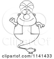 Cartoon Clipart Of A Black And White Waving Chubby Genie Vector Outlined Coloring Page