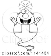 Cartoon Clipart Of A Black And White Excited Chubby Genie Vector Outlined Coloring Page