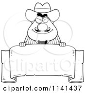 Poster, Art Print Of Black And White Happy Chubby Male Wild West Cowboy With A Banner Sign