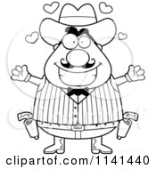 Cartoon Clipart Of A Black And White Chubby Male Wild West Cowboy Wanting A Hug Vector Outlined Coloring Page