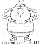 Cartoon Clipart Of A Black And White Careless Shrugging Plump Gym Woman Vector Outlined Coloring Page