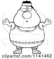 Cartoon Clipart Of A Black And White Careless Shrugging Plump Gym Man Vector Outlined Coloring Page