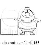 Cartoon Clipart Of A Black And White Plump Gym Man With A Sign Vector Outlined Coloring Page