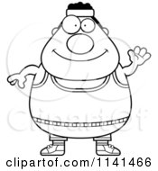 Cartoon Clipart Of A Black And White Waving Plump Gym Man Vector Outlined Coloring Page