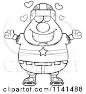 Cartoon Clipart Of A Black And White Chubby Hockey Player Man With Open Arms Vector Outlined Coloring Page