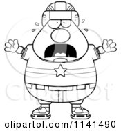 Cartoon Clipart Of A Black And White Scared Chubby Hockey Player Man Vector Outlined Coloring Page