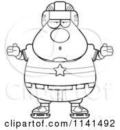 Cartoon Clipart Of A Black And White Careless Shrugging Chubby Hockey Player Man Vector Outlined Coloring Page