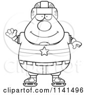 Cartoon Clipart Of A Black And White Waving Chubby Hockey Player Man Vector Outlined Coloring Page