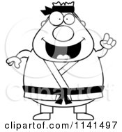 Cartoon Clipart Of A Black And White Chubby Black Belt Karate Man With An Idea Vector Outlined Coloring Page