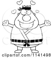 Cartoon Clipart Of A Black And White Chubby Black Belt Karate Man With Open Arms Vector Outlined Coloring Page