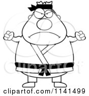 Cartoon Clipart Of A Black And White Mad Chubby Black Belt Karate Man Vector Outlined Coloring Page