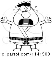 Cartoon Clipart Of A Black And White Scared Chubby Black Belt Karate Man Vector Outlined Coloring Page