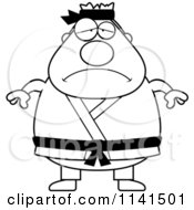 Cartoon Clipart Of A Black And White Depressed Chubby Black Belt Karate Man Vector Outlined Coloring Page